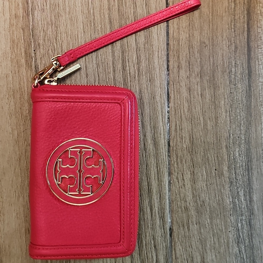 Tory Burch Red Leather Wallet Wristlet (removable) Zip Around Gold Logo | EUC
